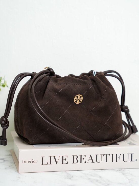 Tory Burch Handbags - Tory Burch Willa Suede Small Drawstring Shoulder Crossbody Bag In Dark Cocoa NWT